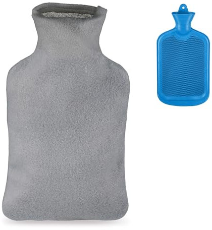 Relaxdays Wärmflasche, Gummiwärmflasche mit Vlies-Bezug, 1,5l Volumen, große Bettflasche, Kinder & Erwachsene, blau/grau