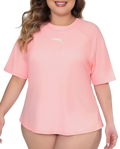 Halcurt Maillot de bain anti-UV pour femme - Grande taille - Rash Guard - Manches courtes - Avec soutien-gorge - Protection solaire UPF 50+ - Séchage rapide - 1X-4X, Rose clair/avec soutien-gorge, 4XL