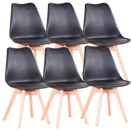 Uderkiny Lot de 6 Chaises de Salle à Manger,Chaises Scandinaves,Pieds en Bois Massif, Design Nordique Ergonomique, Idéales pour Salle à Manger, Salon, Cuisine, Chambre (Noir, 6)