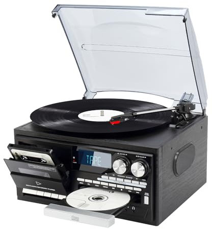 9-in-1 Giradischi con Bluetooth, Turntable a 3 velocità con altoparlanti integrati, Lettore di dischi in vinile con jack audio da 3,5 mm, CD/Tape, Radio AM/FM, USB/SD/MMC, nero solido