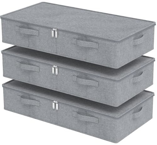 ENUMAIL 3 Piezas Cajas de Almacenamiento de Tejidos Plegable Bajo la Cama, Organizador Separador de Armarios con Tapa y Manija, Para Colchas, Ropa, Mantas y Zapatos, 80×40×15cm, Gris