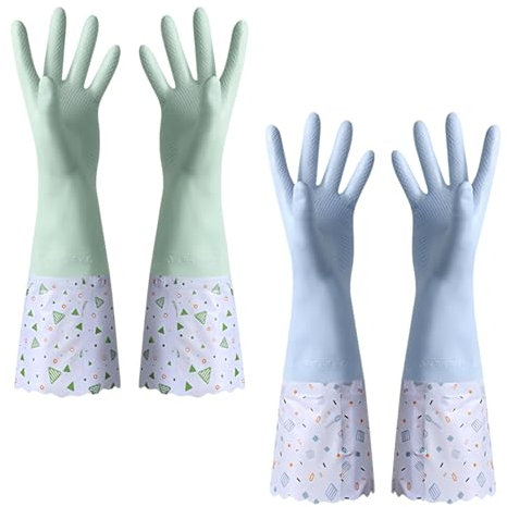 2 Pairs Blue Flock Lining Dishwashing Cleaning Gloves Multi-purpose Long Cuff Household Gloves Reusable Green Rubber Gloves Non-Slip Washing Up Wide Mouth Gloves for Kitchen Bathroom Garden Painting