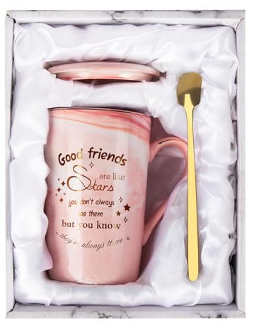 Belillpipi Best Friend Birthday Gifts for Women, Funny Ceramic Marble Mug, Christmas Ideal Friendship Gifts for Women's Friend, Exquisite Pink Coffee Tea Cup Printed with Good Friends are Like Star