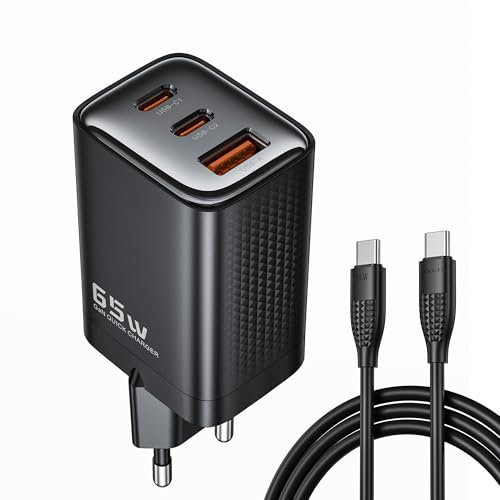 toocki Cargador USB C 65W GaN con Cable, 3 Puertos (2C+1A), Carga Rápida PD Compatible con iPhone 16 Pro Max/Xiaomi/MacBook/Huawei, Negro - Viajes