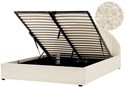 Beliani with Storage Upholstered Sturdy Frame Ottoman Bed 140x200 Cm Eu Double Boucle with Wood Legs White Chadenet