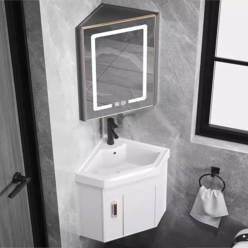 Armadietto da bagno ad angolo con lavabo e specchio a LED, mobiletto angolare per piccoli spazi, set da bagno a parete