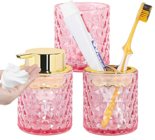 Fvstar Rosa Badezimmer-Zubehör-Set, 3er-Set, Glas-Zahnbürstenhalter, goldfarbener schäumender Seifenspender, Seifen- und Zahnbürstenhalter, Becher-Set, Badezimmer-Arbeitsplatte, Aufbewahrungsbecher