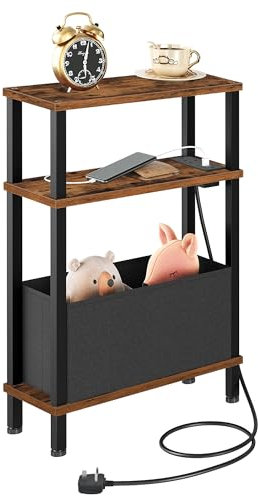 CHOEZON Schlanker Beistelltisch mit Ladestation, 3-stöckiger schmaler Beistelltisch mit Schublade, schmaler Nachttisch, Beistelltisch für kleine Räume, für Schlafzimmer, Wohnzimmer, rustikales Braun