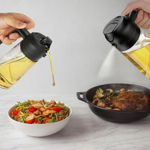 VITALIZUM Pulverizador de Aceite Cocina, Dispensador, Spray, Aceitera de Cristal Antigoteo, Freidora de aire, Difusor, Rociador, Dosificador 450ml, Función 2 en 1 ideal para Cocinar. (negro)
