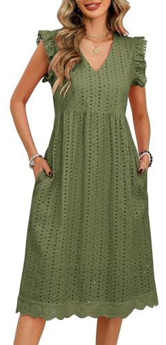 PASUDA Robe d'été pour Femme en Coton Col en V Robe Mi-Longue Chic Et Elegant Taille Haute Boheme Robe sans Manches Genou Robe de Plage avec Poches (Vert, L)
