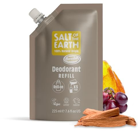 Salt of the Earth – Nachfüllbeutel für natürlichen Deo-Roller, 3 Anwendungen – Amber & Sandelholz – Vegan, langanhaltender Schutz, hergestellt im Vereinigten Königreich – 225ml