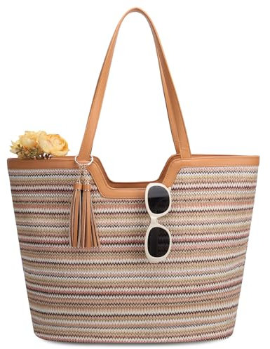 VASCHY Straw Beach Tote Bag for Women, Cute Trendy Woven Crochet Raffia Summer Shoulder Handbags Purses for Travel Vacation Stripped
