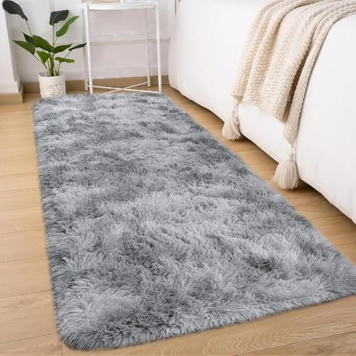 Treeboy Flauschiger Wohnzimmerteppiche Teppich, 80 x 300 cm, Grauer Läufer für Wohnzimmer, Schlafzimmer, Flur, waschbar & rutschfest, weiche zottelige Matte, kinderfreundlich, modernes Design