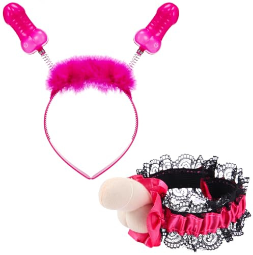 Boyiee Penis Jga Accessoires Frauen, Penis Kostüm, Junggesellenabschied Frauen, Hochzeit Strumpfband und Jga Haarreifen, Lustig Scherzartikel für Erwachsene, Pimmel Kopfschmuck und Spitze Strumpfband