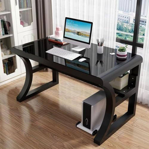 Bureau de jeu en verre, bureau d'ordinateur avec étagères de rangement, table d'écriture simple et moderne avec plateau en verre trempé et cadre en métal, pour poste de travail à domicile (noir, 80 cm