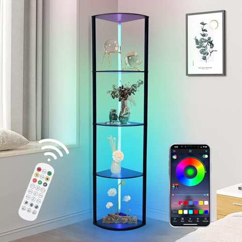 RGB LED Eckregal Stehend, Dimmbar Stehlampe mit Regal, App & Fernbedienung
