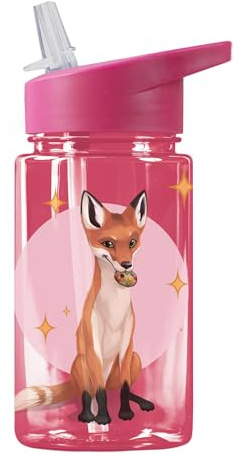 AWAVE Die Schule der Magischen Tiere Kinder Trinkflasche mit Strohhalm 400 ml Transparent rPET Wasserflasche Auslaufsicher BPA-frei Nachhaltig Schule Kindergarten Sport, Beerenrot Fuchs Rabbat