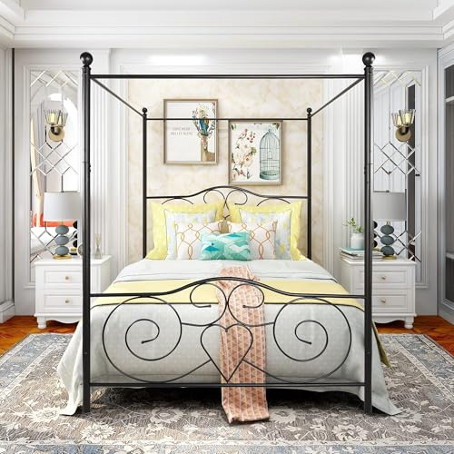 HAHRIR Himmelbett Metallbett 140x200cm mit Herzverzierung Schwarz | Metall Himmelbett 140x200cm Weiß mit Herzverzierung, stabiles Bettgestell mit geschwungenen Mustern für Schlafzimmer