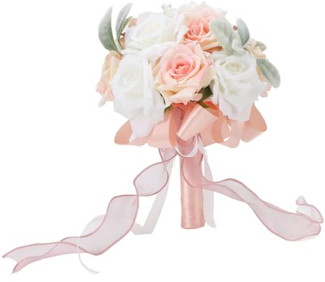 XGOUGUAAU Bouquet da sposa di rose artificiali per la sposa, bouquet da mano per damigelle con nastro in raso morbido, composizione di fiori finti realistici per la decorazione della festa d (Rosea)