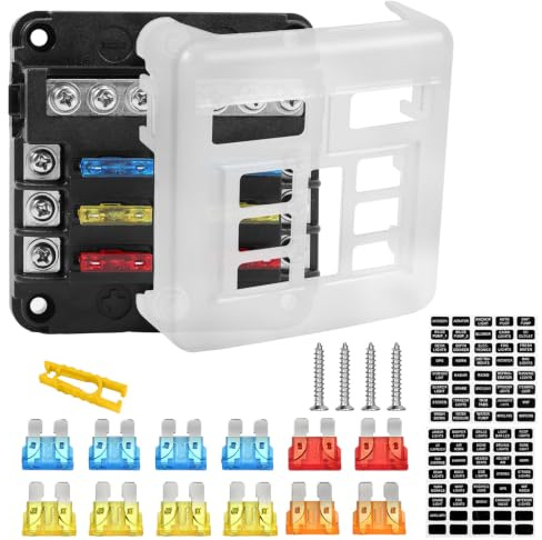 Vexnaro 6 Fach Sicherungshalt Fach Sicherungshalter, 12 Volt Sicherungsblock ATC/ATO KFZ Sicherungskasten mit Schutzabdeckung für DC 12V/24V Auto, LKW,Boot,Van,SUV,Wohnmobil (6-Kanal mit LED-Abstand)