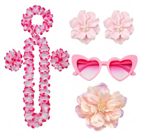 JOVYTH 7 Pièces Tenue Hawaïenne Rose – Couronne de Fleurs, Collier, Bracelets, Lunettes, Boucles d'Oreilles, Pince à Cheveux, pour Fête sur la Plage, Carnaval, Séance Photo, Festival d'Été, Danse