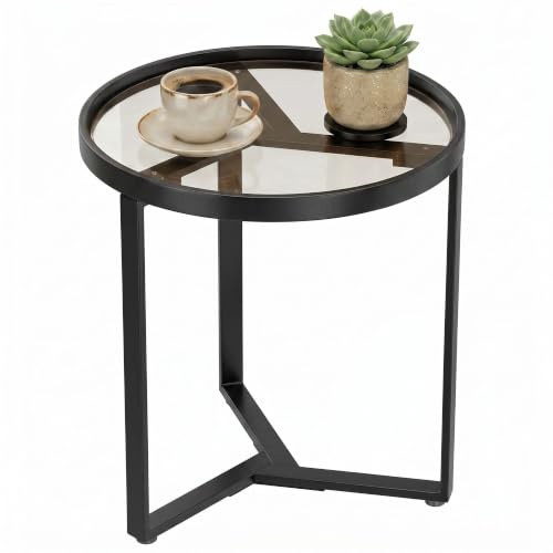 HOMCOM Beistelltisch Runder Couchtisch mit Gehärteter Glasplatte Schwarz | Moderner Tisch, Geometrisches Metallgestell, Für Kleine Räume, Wohnzimmer, Schlafzimmer