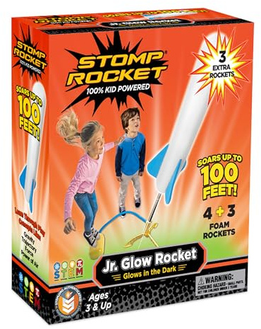 Stomp Rocket Jr Glow Rocket Launcher for Kids, 7 Rockets - Glow in The Dark Fun Backyard & Outdoor Kids Toys Gifts for Boys & Girls -Toy Soft Foam Blaster Set - Multi-Player Adjustable Launcher Stand