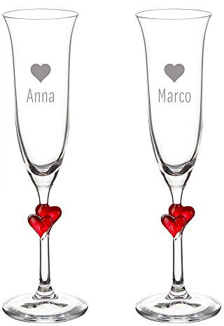 AMAVEL Set 2 Flûte da Spumante in Vetro con Cuori Rossi sullo Stelo, Incisione Personalizzata con Nomi, Dono Nozze per Coppie