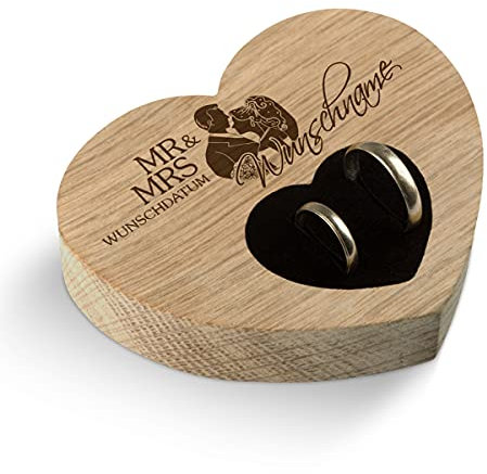 Hochzeit Ringkissen Herz Ringhalter individuell Namen 10 x 8,5 cm Eichenholz - Mr & Mrs