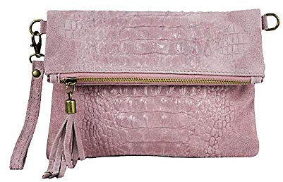 OBC Made in Italy Damen echt Leder Clutch Tasche Kroko Wildleder Handtasche Umhängetasche Ledertasche Schultertasche Fransen Cross-Over Altrosa