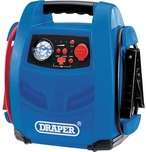 Draper 70553 12V Power Pack Jump Starter, Vehicle Rescue, Built in 12v Compressor, 800A Starts Petrol and Diesel , Blue