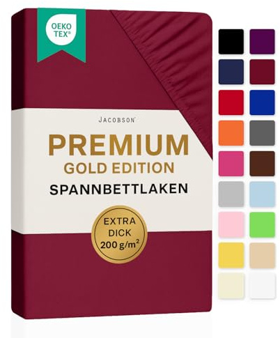 Jacobson Premium Spannbettlaken 200 g/m² Jersey Boxspringbett & Überlänge (XL 140x200-160x220 cm, Bordeaux)