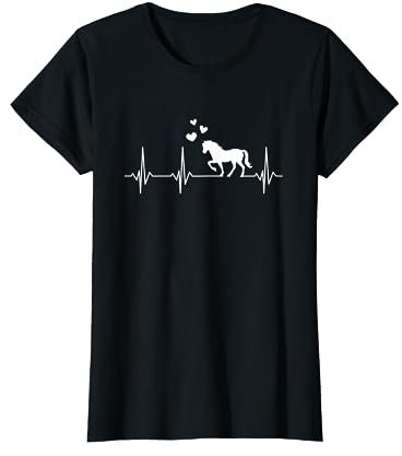 Pferde Reiten Herz Liebe Damen & Mädchen T-Shirt Schwarz Kurzarm Klassisch Reit Motiv Herzschlag Pferd Herzlinie S