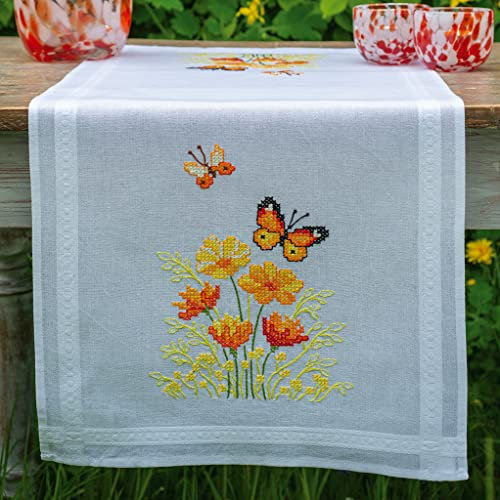 Vervaco Stickpackung Kreuzstich Set Vorgedruckt Tischläufer Blumen und Schmetterlinge Stickdecken Vorgezeichnet DIY Basteln Kreativ Stickläufer zum Selbersticken 40 x 100 cm Stickset
