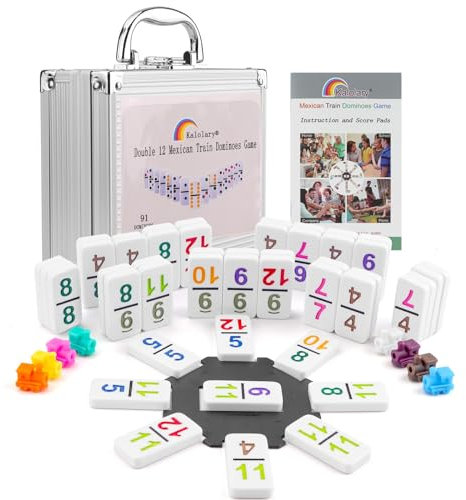 Kalolary Double 12 Mexican Train Dominoes, 91 Tiles Number Dominoes Games in einem Aluminiumkoffer mit 9 Trains Instruction Booklet Score Pads Octagon Shape Hub Family Party Tischspiel (Numbers Style)