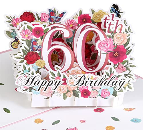 HOMANGA Pop-Up-Karte zum 60. Geburtstag, Happy 60. Geburtstagskarte für sie, Frauen, Ehefrau, 60. Geburtstag Geschenk für Schwester, Pop Up Geburtstagskarte mit blanko Notiz und Umschlag, 15x20 cm