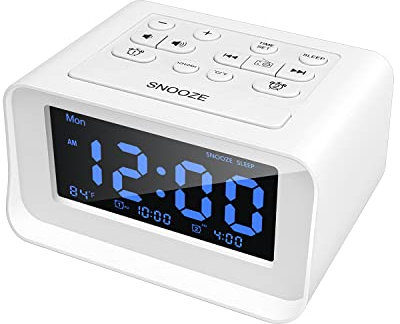 Lancoon Digitale Comodino Radiosveglia Porte di Ricarica USB Doppie LCD Display Della Temperatura Snooze Retroilluminazione Regolabile Suonerie FM Musicali Integrate con Antenna Esterna(Bianco)