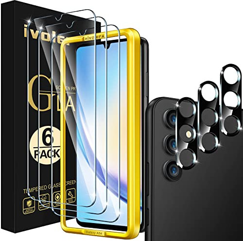 ivoler 3+3 Stück Schutz Glas für Samsung Galaxy A34 5G, 3 Stücke Schutzfolie Mit 3 Stück Kameraschutz und Positionierhilfe, 9H Härte, HD Klar, Anti-Kratz, Anti-Bläschen