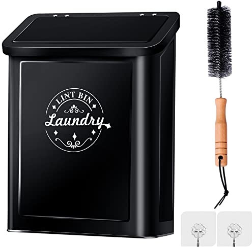 Magnetic Lint Bin for Laundry Room Organization and Storage with Brush, Wall-Mounted Laundry Dryer Lint Bin for Laundry Room Decor, Space-Saving Laundry Trash Can (Black)