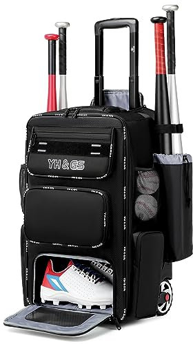 GOTECH Baseball-Tasche mit Rollen, Softball-Tasche mit Zaunhaken für TBallschläger und Ausrüstung, leichte Baseballschläger-Tasche mit Schuhfach, Schwarz
