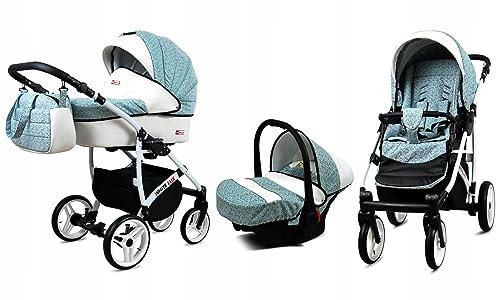 BabyLux® Bambimo Kinderwagen Set 3 in 1 - White Lux - incl. Babywanne, Buggy Sportsitz, Auto-Babyschale - Autositz - Kinderwagenset - Kombikinderwagen mit Wickeltasche, Regenschutz usw.