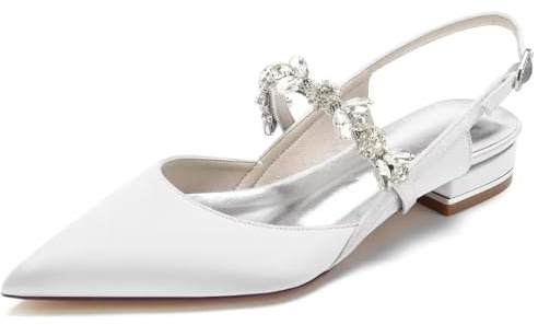 JOEupin Ballerine da donna con punta di cristallo per sposa, scarpe da sposa in raso, ballerine da sposa con cinturino posteriore, scarpe da sera per matrimonio, festa di laurea, bianco, 38.5 EU