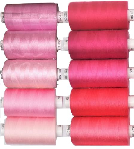 Coats Moon Nähgarn, Box mit 10 Rollen, Allzweckfäden zum Nähen, Overlock-Quilten, Nähgarn-Set, 914,4 m pro Spule (verschiedene Rosa)