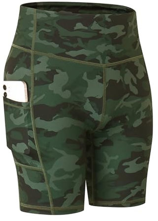 COTOP Radlerhose Damen Kurz, Tights Laufhose mit Tasche, High Waist Leggings Shorts Sommer, Blickdicht Elastisch Sporthose Kurze für Yoga/Fitness/Jogging/Radfahren/Biker(Tarnung M)