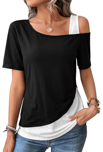 ZASFOU Femme Manches Courtes Tee Shirt Été Épaules Dénudées Tunique Top Chic Haut Blouse Élégant Chemise Cadeau