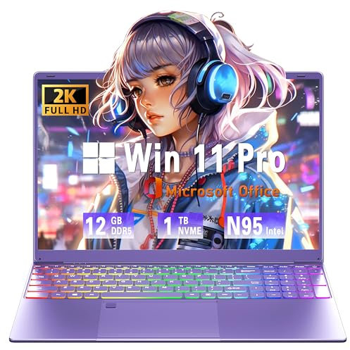 【Win 11 Pro/MS Office 2019】 16 Purple Laptop, 12th Gen Alder Lake Quad Core N95 CPU, 12GB LPDDR5, 1TB NVMe SSD, 2K FHD IPS, Color Backlit KB, Fingerprint Unlock/HDMI/Enhanced Performance(12+1T)