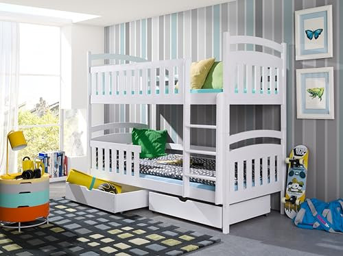 KEF Tom Etagenbett Kinder 80x200 cm - Holz Kinderbett - für Zwei Kinder - Holzbett mit Schubladen - Massivholz Kinder Bett mit Lattenrost - Weiß - mit Matratze - Leiter Rechts