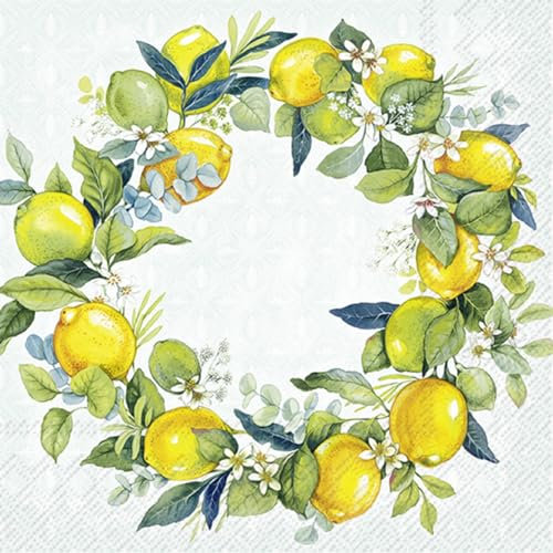 IHR - L 1031528 - Lunch Servietten, Papier, 20 Stück, Zitronen, Lemon Wreath, grün, 33cm x 33cm, 3 Lagig