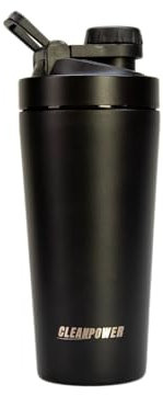 CleanPower Edelstahl-Shaker-Flasche | perfekt für Protein-Shakes, Pre-Workout, Smoothies, Kaffee usw. | geruchsabweisend | BPA-freier Deckel (mattschwarz)