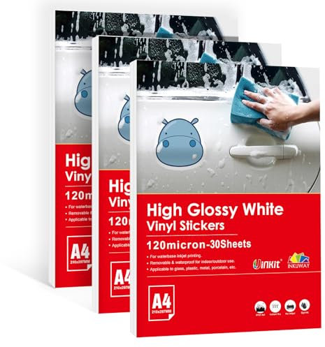 Inkuway A4, 30 Blatt, weiß, glänzend, Vinyl-Inkjet-bedruckbare Folie, wasserfest, selbstklebend, für Aufkleber Und Etiketten